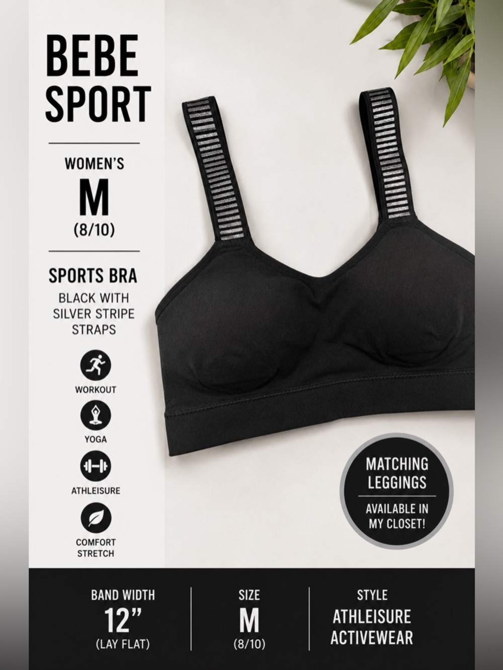 Bebe Sport Black Sports Bra Silver Stripe Straps Medium Athleisure Activewear